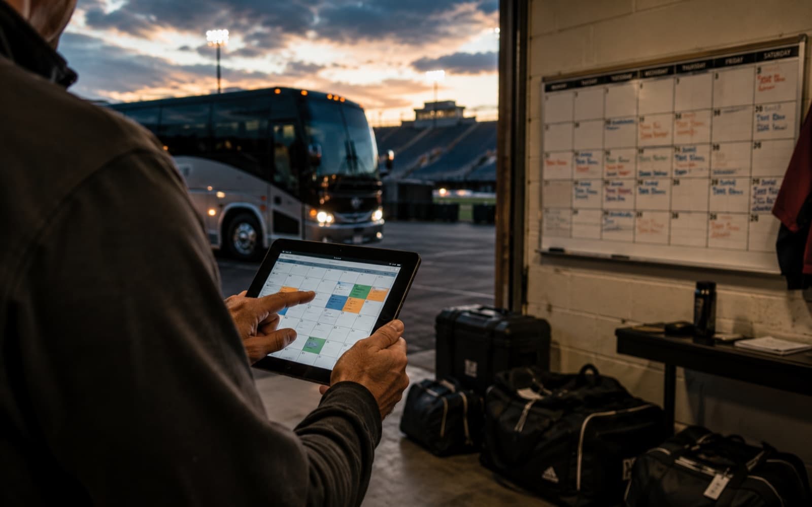 A coach checking the season calendar on a tablet by the team bus at dusk