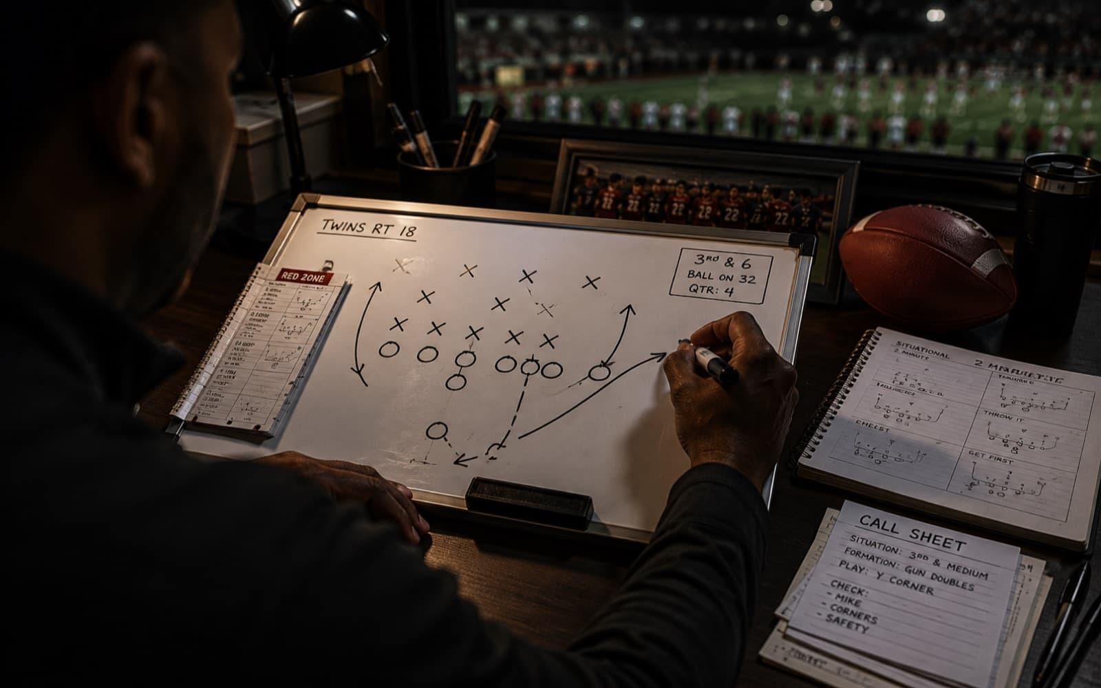 A coach diagramming X-and-O plays on a whiteboard, call sheet and playbook on the desk with a stadium beyond