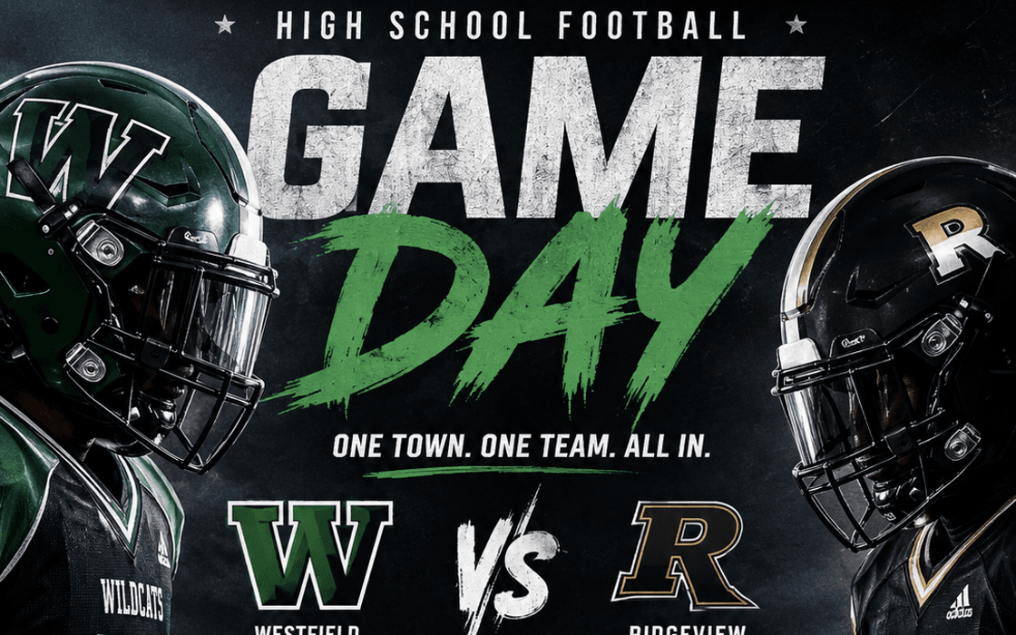 A school-branded game-day graphic made in Studio, with a local sponsor