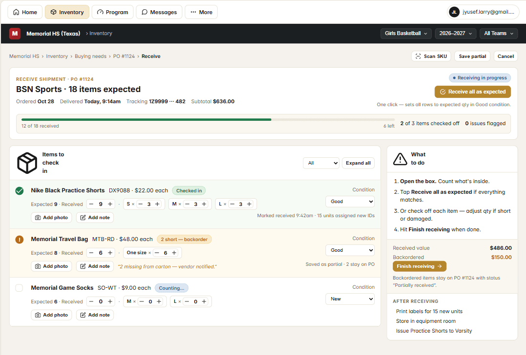 The Program Suite — Receive Shipment screen showing PO #1124 with item counts, conditions, and backorder flags